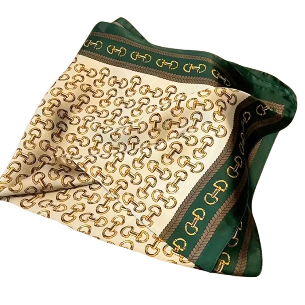 2/$30 Buckle Square Neck Headband Wrap Scarf Soft Silky Satin Green Gold Cream - Picture 3 of 6